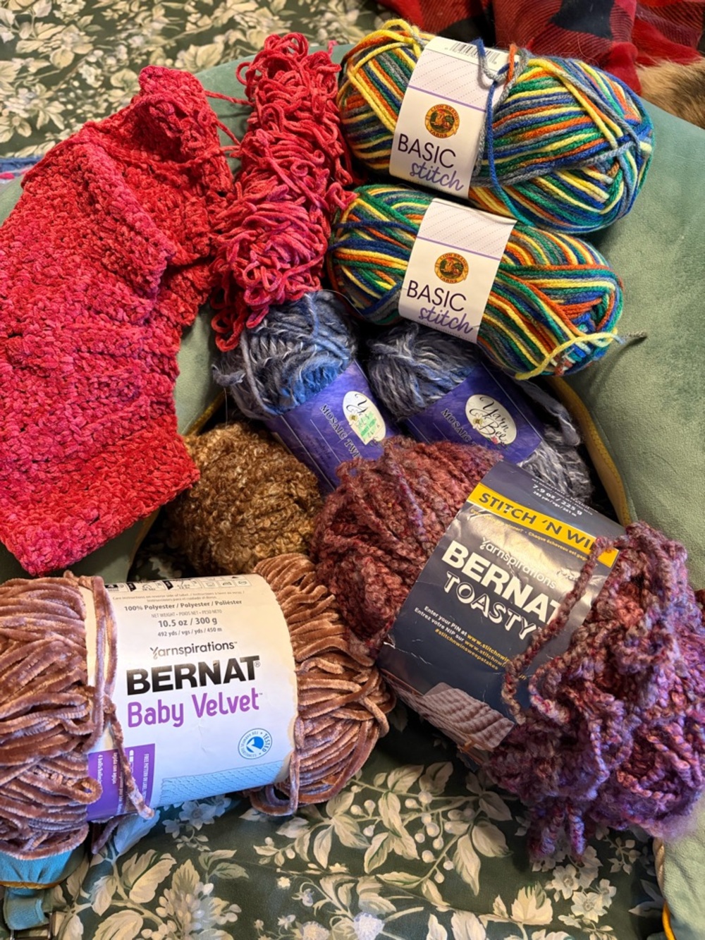 Bernat Baby Velvet & Assorted Yarn Bundle with Raspberry crochet beret started